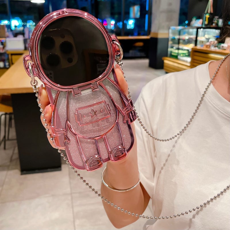 QoKcoahn Astronaut Case Compatible with iPhone 16 Pro Max,Cute 3D Astronaut Lens Camera Protection Hidden Stand Kickstand Luxury Glitter Bling Soft TPU Cover with Mirror Metal Chain Pink - Image 3