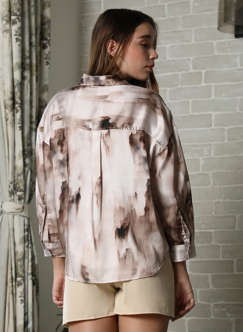 PINACOLADA  Women's Coffee Brown Stained Satin Oversized Shirt For Casual Wear | Spread Collar | Long Cuffed Sleeves | Button Closure | Oversized Shirt Designed With Comfortable Fit For Woman & Girls for Women | Best Price UAE