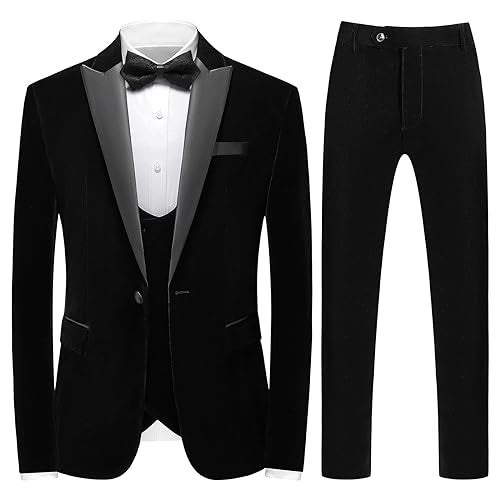 KUDORO Mens Velvet 3 Piece Suits Slim Fit Peaked Lapel One Button Tuxedo Dinner Jacket Vest Pants Suit Set Black - Image 1