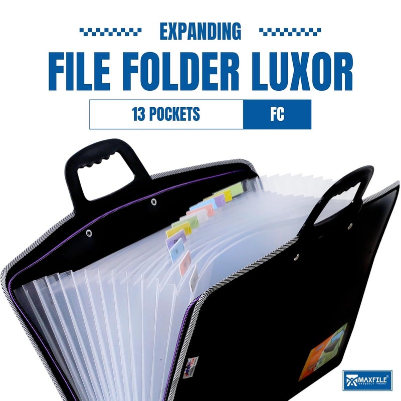 MAXFILE Luxor FC Expanding File Folder with Handle & Zip Closure 13 Pocket Accordion Document Organizer | 100% Virgin PP, Stitched Edges, Durable & Water-Resistant File Bag for Office, School & Home - Image 3