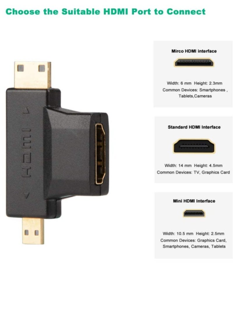 Excefore - 3-in-1 HDMI to Mini/Micro HDMI Adapter, Mini/Micro HDMI Male to HDMI Female Universal T Adapter, with Gold-Plated Connector 2 Pcs, Compatible with Digital Camera Camcorder Tablet Laptop - Image 1