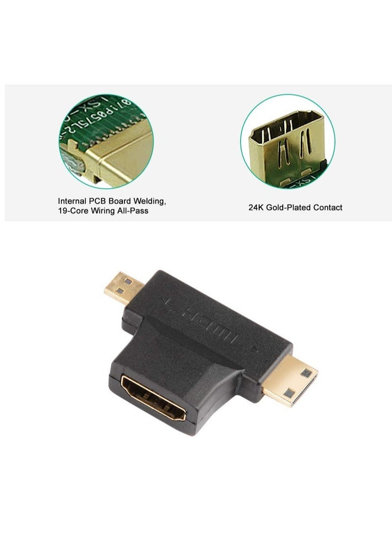 Excefore - 3-in-1 HDMI to Mini/Micro HDMI Adapter, Mini/Micro HDMI Male to HDMI Female Universal T Adapter, with Gold-Plated Connector 2 Pcs, Compatible with Digital Camera Camcorder Tablet Laptop - Image 1