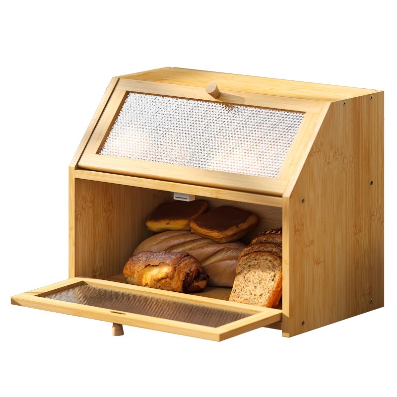 STDDRE Bread Box for Kitchen Countertop Bin Double Layer Bread Box Storage Container Extra Large Capacity Farmhouse with Diamond Pattern Windows (Natural, Large) - Image 1