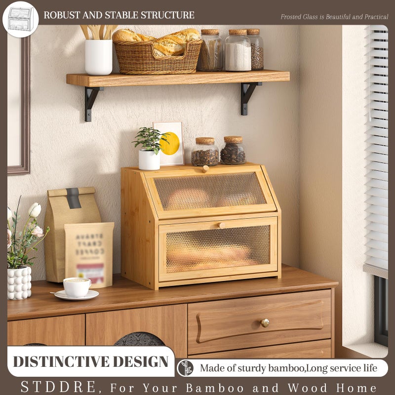 STDDRE Bread Box for Kitchen Countertop Bin Double Layer Bread Box Storage Container Extra Large Capacity Farmhouse with Diamond Pattern Windows (Natural, Large) - Image 2