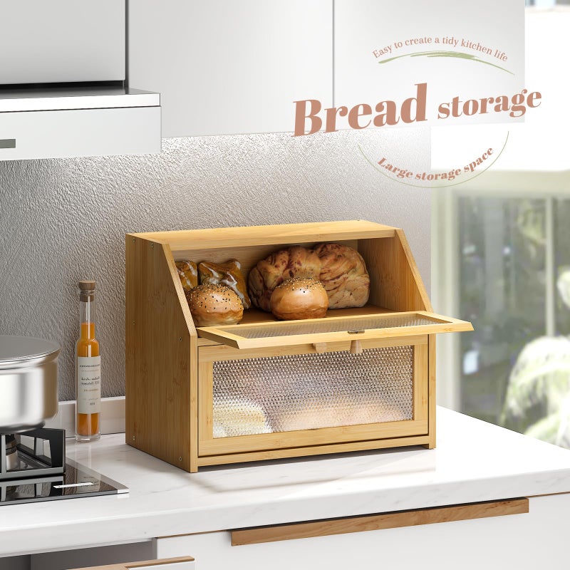 STDDRE Bread Box for Kitchen Countertop Bin Double Layer Bread Box Storage Container Extra Large Capacity Farmhouse with Diamond Pattern Windows (Natural, Large) - Image 5