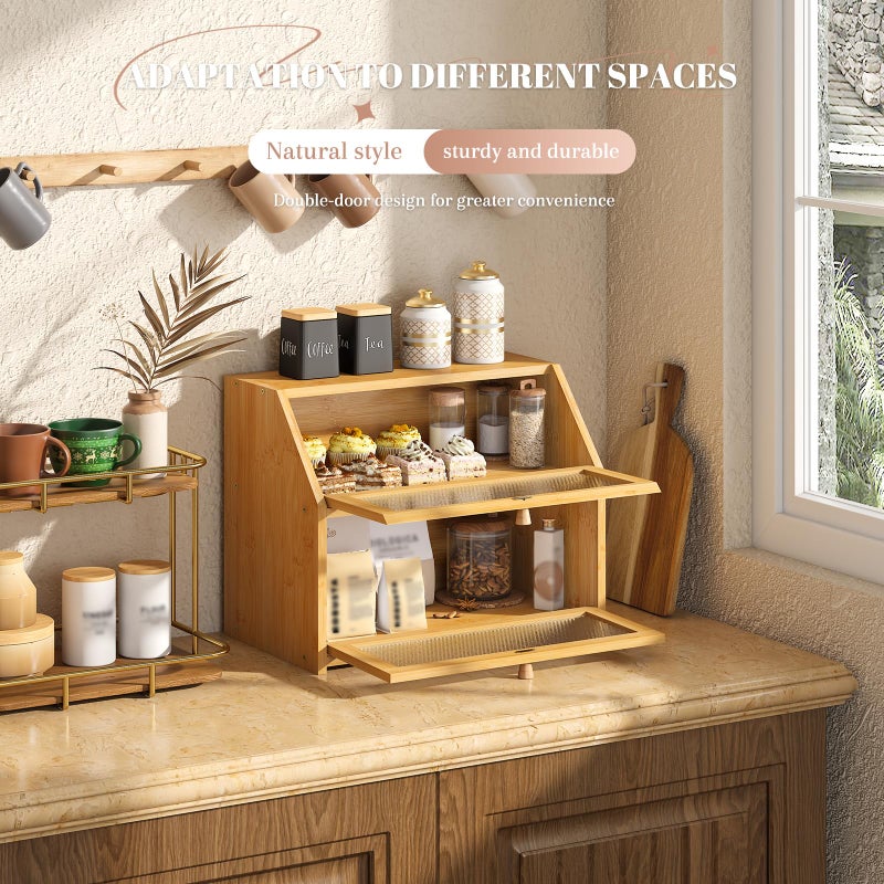 STDDRE Bread Box for Kitchen Countertop Bin Double Layer Bread Box Storage Container Extra Large Capacity Farmhouse with Diamond Pattern Windows (Natural, Large) - Image 4