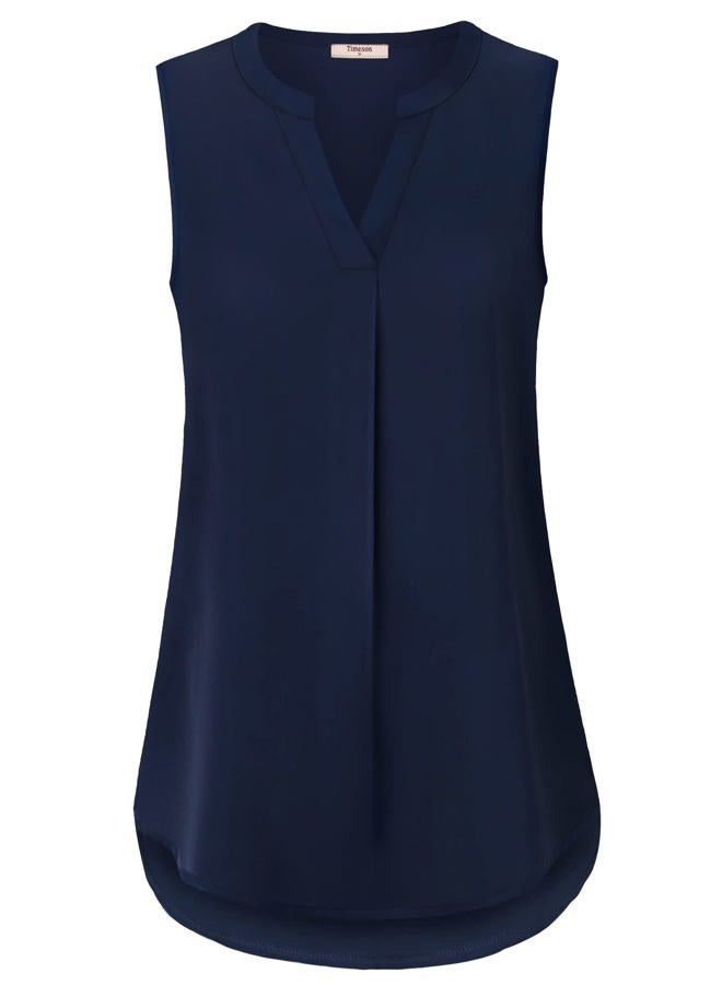 Timeson Women's Chiffon V Neck Sleeveless Blouse Tops Office Work Shirts, Deep Blue, XXL - Image 4