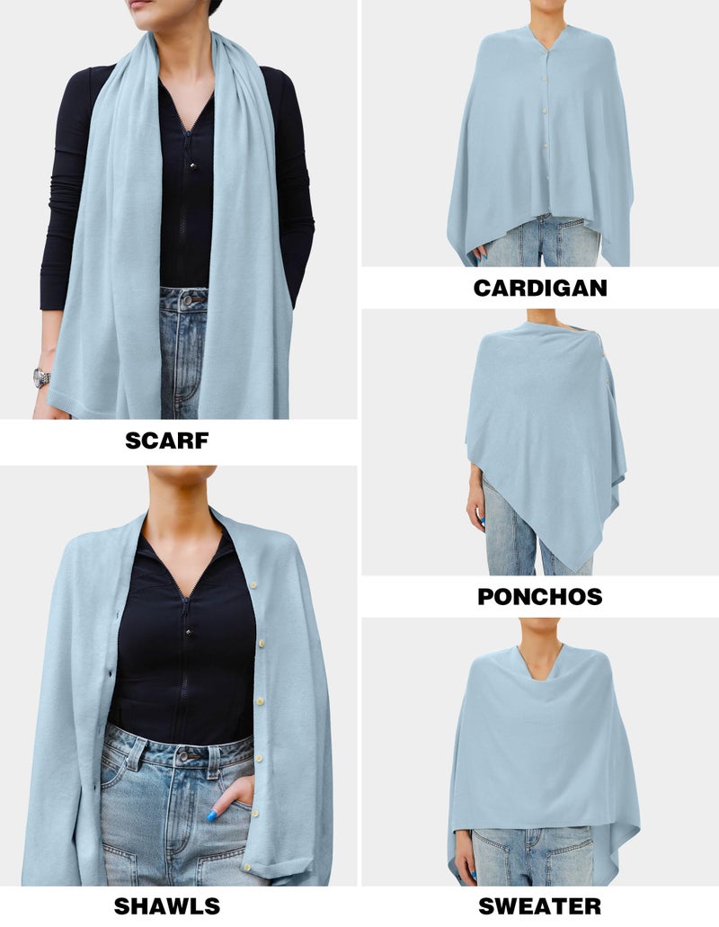 PULI Women's Versatile Knitted Shawls Scarf Poncho Sweater with Buttons Lightweight Spring Summer Fall Wraps blue - Image 3