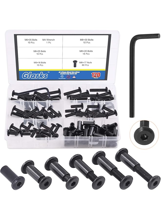 Glarks 121Pcs M6x16/ 20/25/ 30/ 35mm Black Hex Drive Socket Cap Bolts Kit, Allen Head Countsunk Furniture Crib Bolts Nuts Screws for Chair Table Cabinets - Image 1