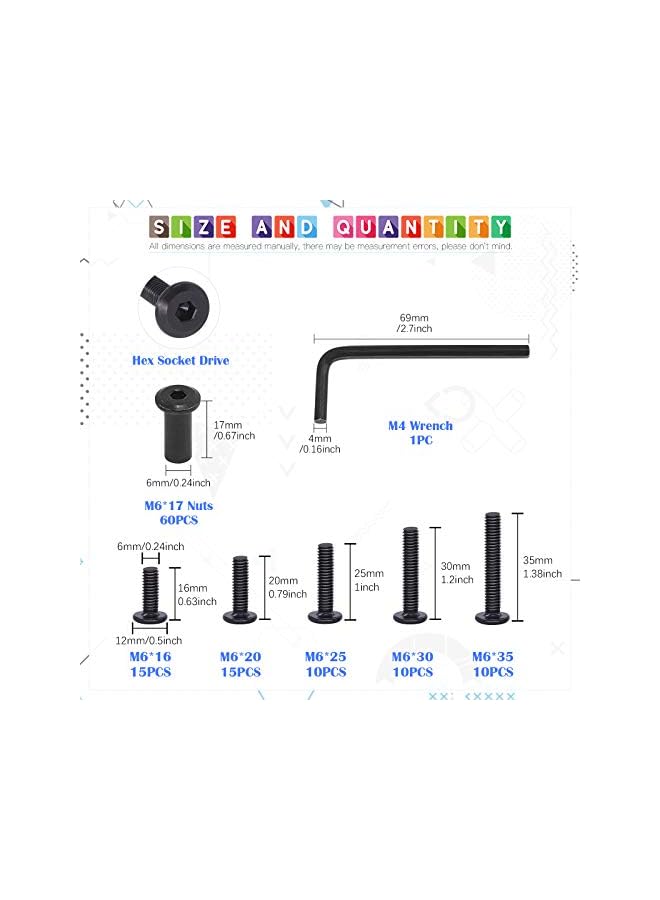 Glarks 121Pcs M6x16/ 20/25/ 30/ 35mm Black Hex Drive Socket Cap Bolts Kit, Allen Head Countsunk Furniture Crib Bolts Nuts Screws for Chair Table Cabinets - Image 2