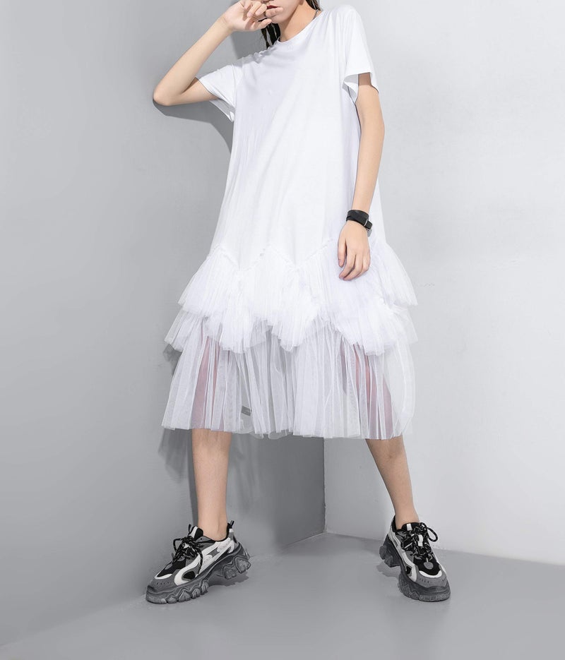 ellazhu Women's Casual Short Sleeve Crew Neck Tutu Tulle Dress with an Oversized Fit GY2266 White - Image 3