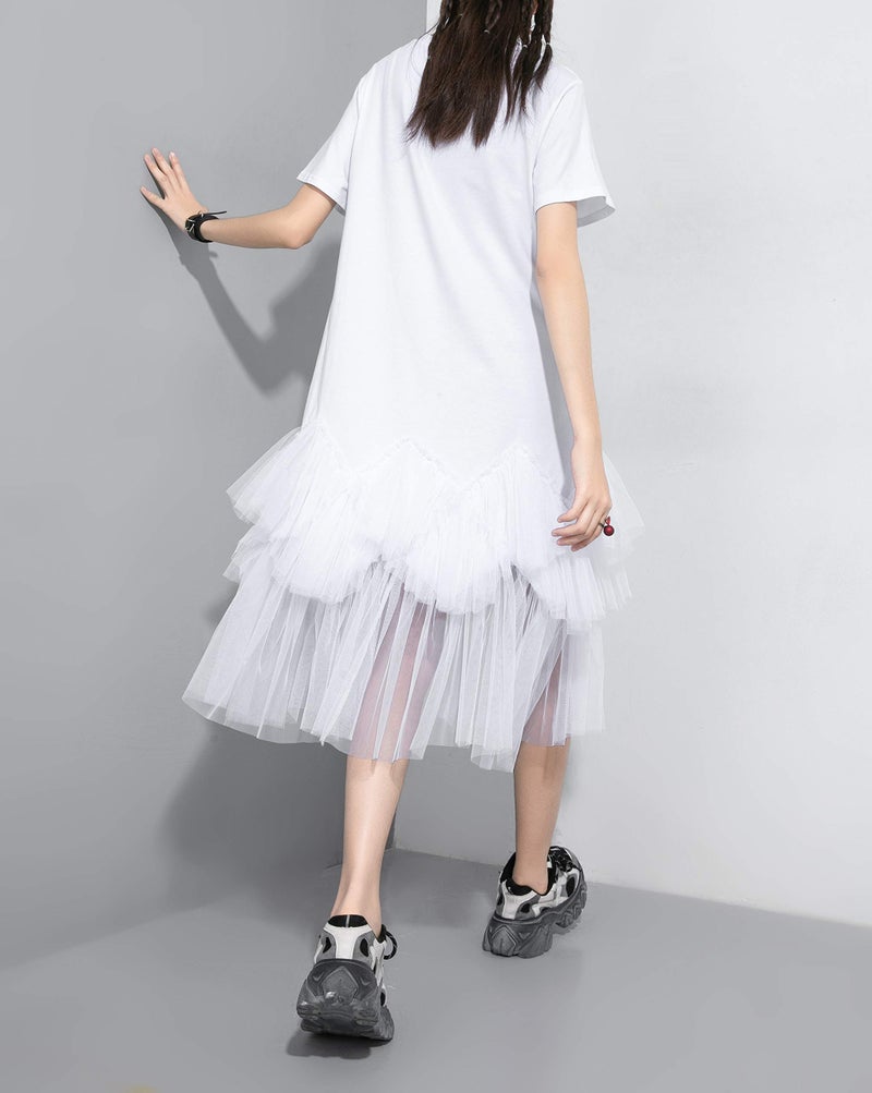 ellazhu Women's Casual Short Sleeve Crew Neck Tutu Tulle Dress with an Oversized Fit GY2266 White - Image 2