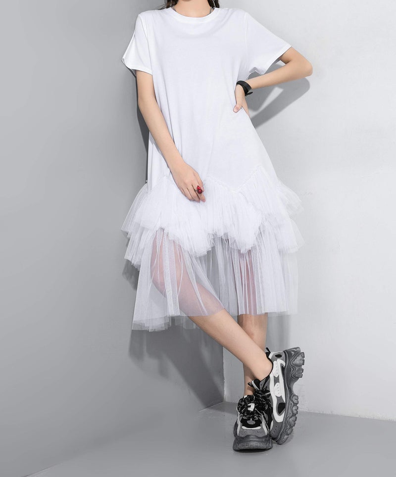ellazhu Women's Casual Short Sleeve Crew Neck Tutu Tulle Dress with an Oversized Fit GY2266 White - Image 5