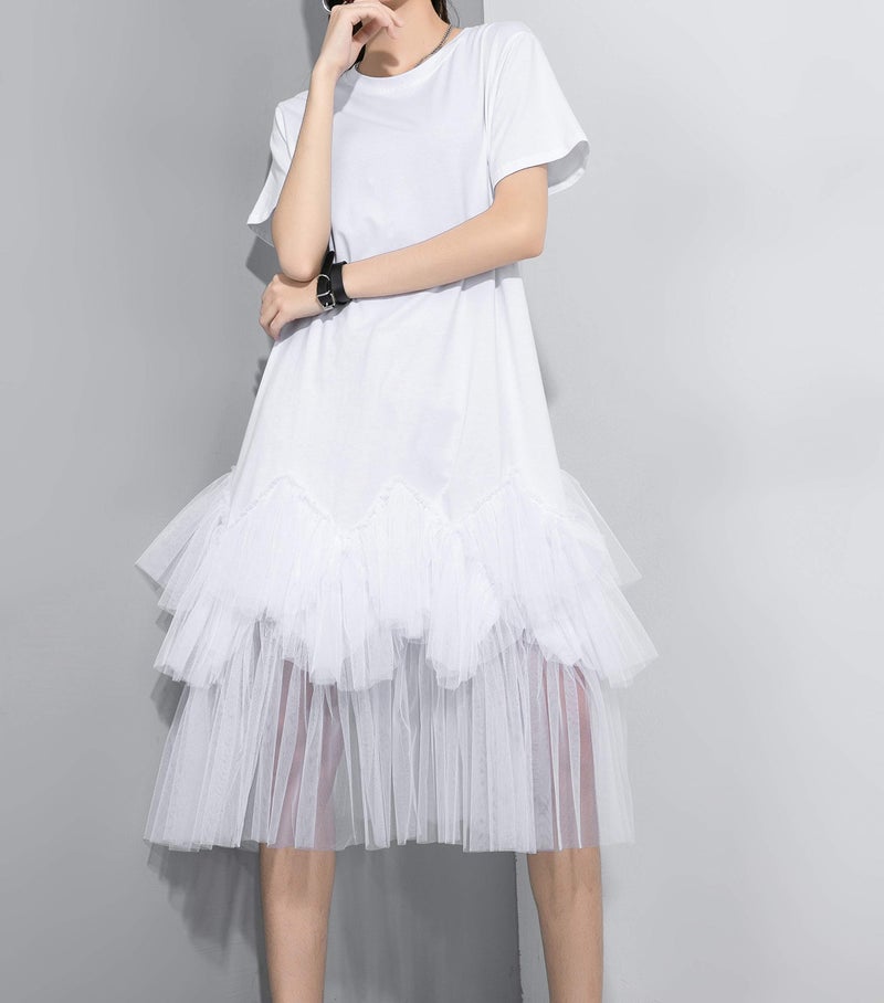 ellazhu Women's Casual Short Sleeve Crew Neck Tutu Tulle Dress with an Oversized Fit GY2266 White - Image 4