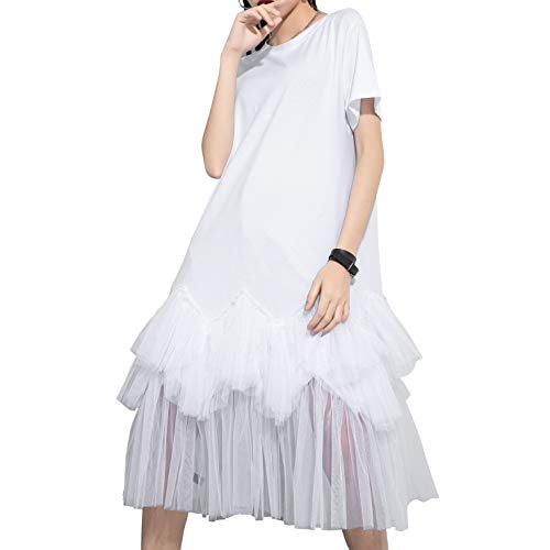 ellazhu Women's Casual Short Sleeve Crew Neck Tutu Tulle Dress with an Oversized Fit GY2266 White - Image 1