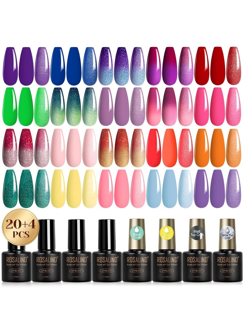 Rosalind ROSALIND 24Pcs Color Changing Gel Nail Polish Set with Glitter Glossy Matte Top Coat Base Coat, 20 Colors Red Yellow Ombre Purple Temperature Change Gel Polish Nail Art 