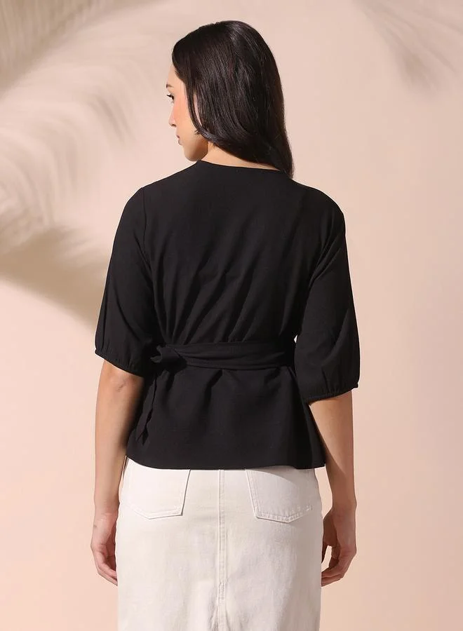 Dennis Lingo Women'S Black Polyester Blend Solid Pattern Regular Fit Tops