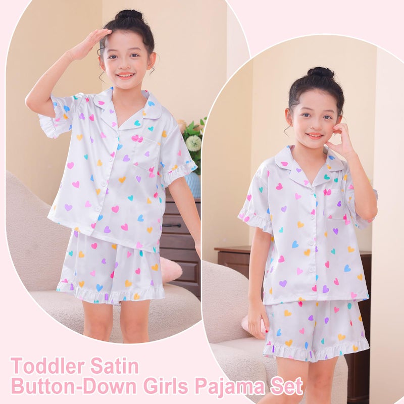 MHJY Toddler Girls Pajama Set Silk Satin Girls Pajamas Short Sleeve Button-Up Top Pajamas for Kids White - Image 4
