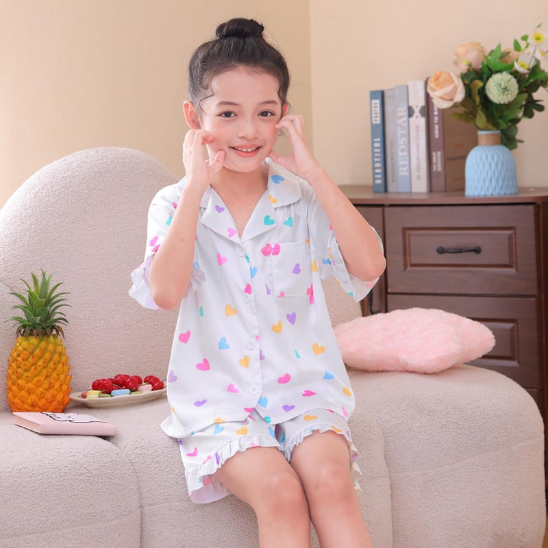MHJY Toddler Girls Pajama Set Silk Satin Girls Pajamas Short Sleeve Button-Up Top Pajamas for Kids White - Image 2