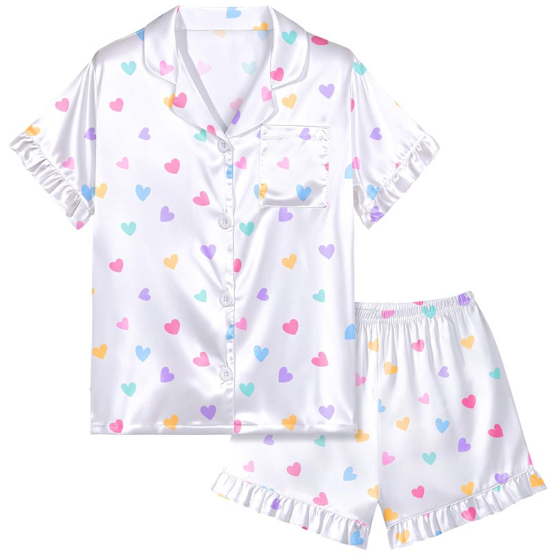 MHJY Toddler Girls Pajama Set Silk Satin Girls Pajamas Short Sleeve Button-Up Top Pajamas for Kids White - Image 1