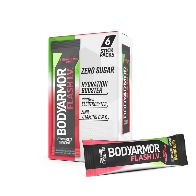 BODYARMOR باكيتات إلكتروليت BODYARMOR Flash IV بنكهة الفراولة والكيوي مشروب خالي من السكر مزيج مشروبات فردية مسحوق ماء جوز الهند 6 حبة - Image 1