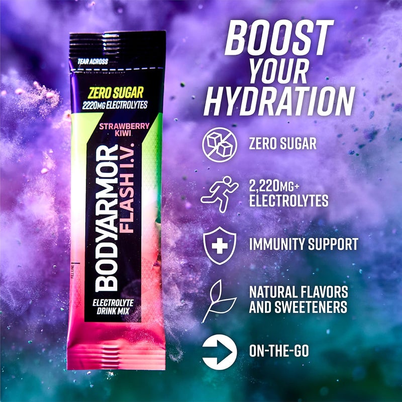 BODYARMOR باكيتات إلكتروليت BODYARMOR Flash IV بنكهة الفراولة والكيوي مشروب خالي من السكر مزيج مشروبات فردية مسحوق ماء جوز الهند 6 حبة - Image 3