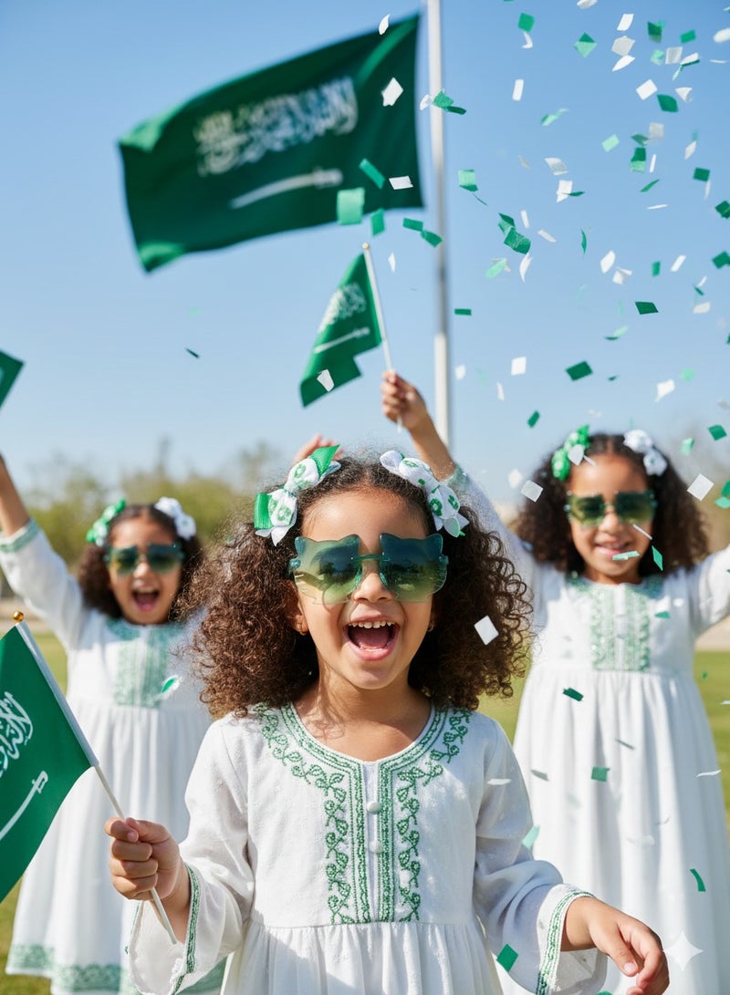 "مجموعة إكسسوارات اليوم الوطني السعودي للأطفال: 4 قطع من مشابك الشعر والنظارات الشمسية | ألوان علم المملكة العربية السعودية الأخضر والأبيض | مثالية للاحتفالات والمرح" - Image 1