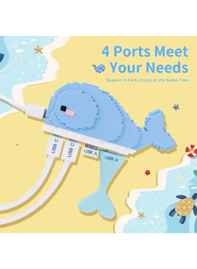 Blue Whale Shaped USB Hub 2 USB A 2 USB C Compact Portable Desktop Decoration - Image 2