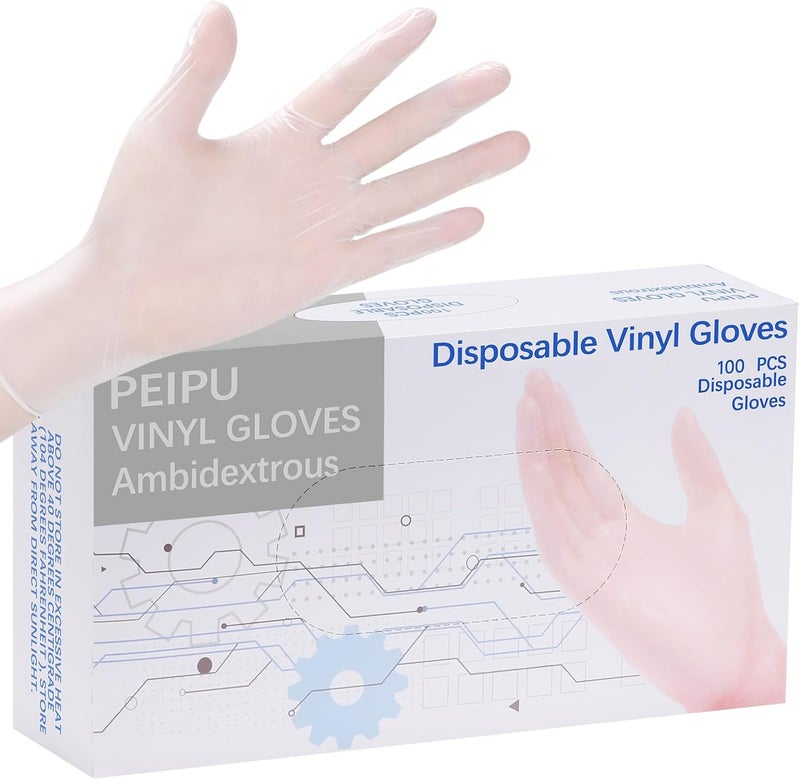PEIPU Vinyl Disposable Gloves, Powder Free, Cleaning Service Gloves, Latex Free, 100Pack-Transparent - Image 1