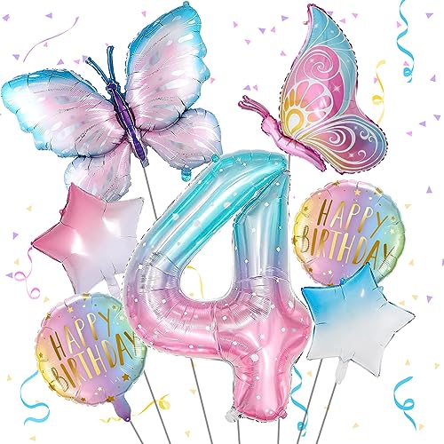 Isndare Butterfly Balloons 4th Birthday Decorations for Girls Gradient Pink Colorful Foil Balloons Giant Number 4 Foil Mylar Balloon Butterfly Theme Birthday Party Supplies - Image 1