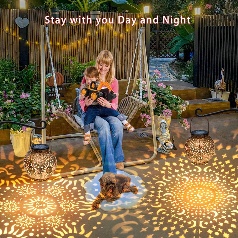Go2garden Solar Lanterns Outdoor Waterproof Garden Gifts Women Yard Decorations Metal Moon Sun Hanging Solar Lights for Patio, Balcony, Tabletop,Birthday Mothers Day Gifts for Mom (Bronze,2Pack) - Image 4