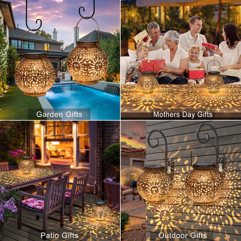 Go2garden Solar Lanterns Outdoor Waterproof Garden Gifts Women Yard Decorations Metal Moon Sun Hanging Solar Lights for Patio, Balcony, Tabletop,Birthday Mothers Day Gifts for Mom (Bronze,2Pack) - Image 2