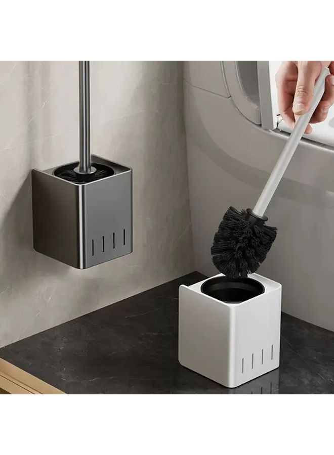 Grey Stainless Steel Toilet Brush With Holder Square Leak Proof Design Wall Mounted Freestanding No Drill Installation Reusable Bathroom Accessory - Image 2