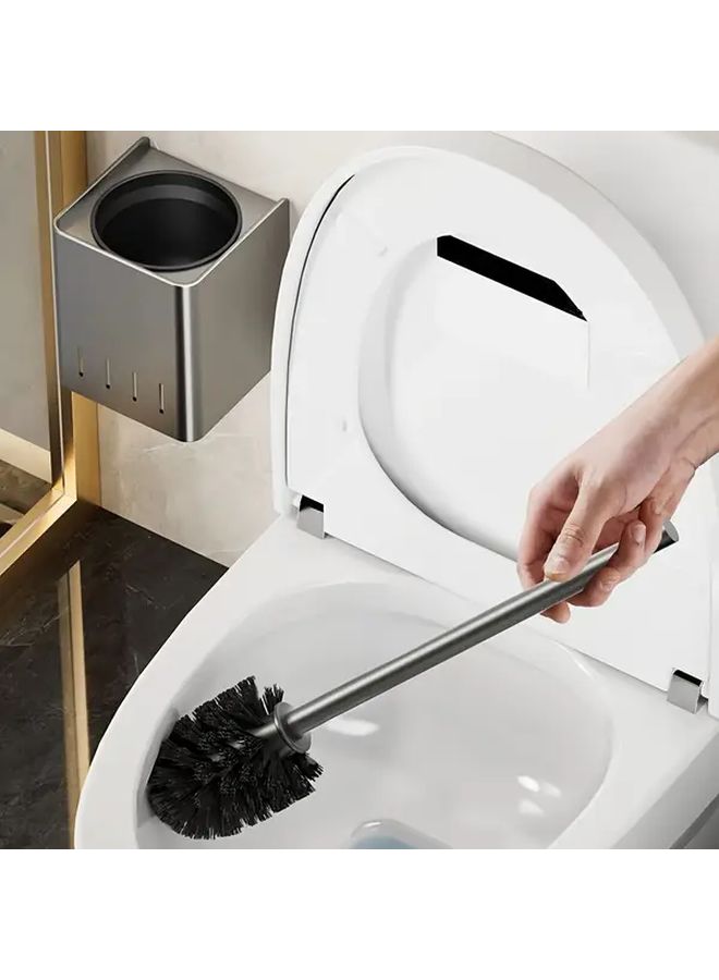 Grey Stainless Steel Toilet Brush With Holder Square Leak Proof Design Wall Mounted Freestanding No Drill Installation Reusable Bathroom Accessory - Image 1