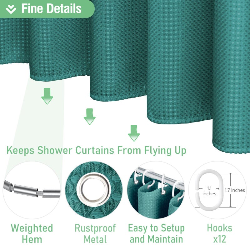 Dynamene Long Fabric Shower Curtain - 78 inch Long Waffle Weave Weighted Cloth Shower Curtains for Bathroom  Heavy Duty Hotel Spa Luxury Bath Curtain Set with 12 Plastic Hooks 72x78  Seaweed Green - Image 3