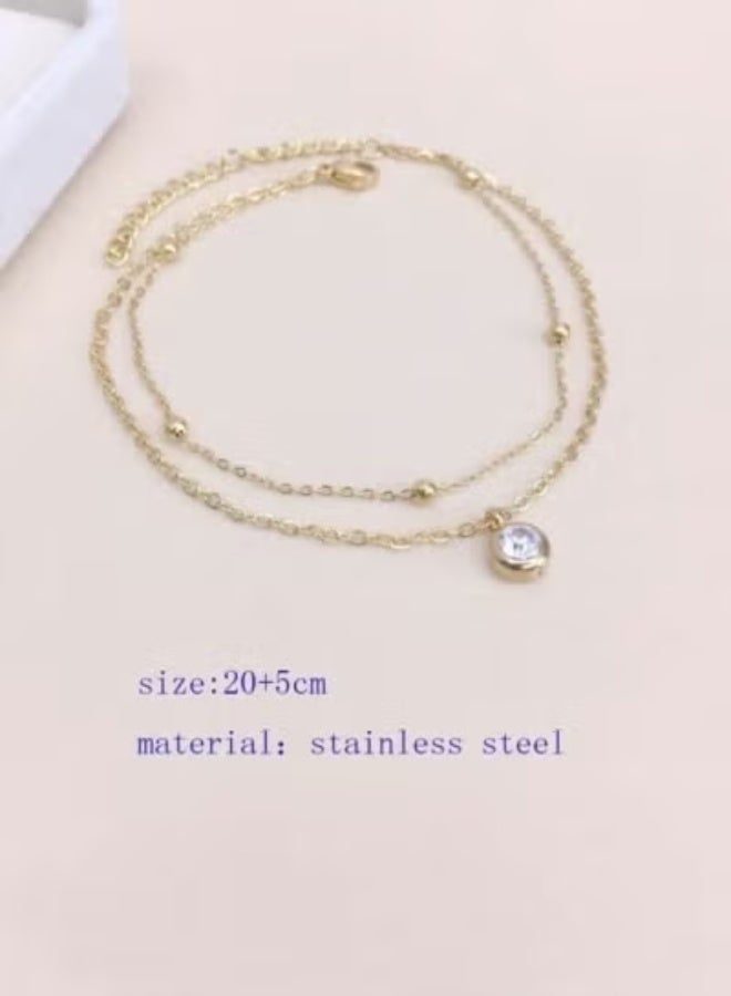 يوكا  18 قيراطا مطلي بالذهب الفولاذ المقاوم للصدأ مزدوج منجل الكاحل سوار روز زركونيا مجوهرات فاخرة أنيقة للارتداء اليومي والشاطئ والعطلات - Image 3