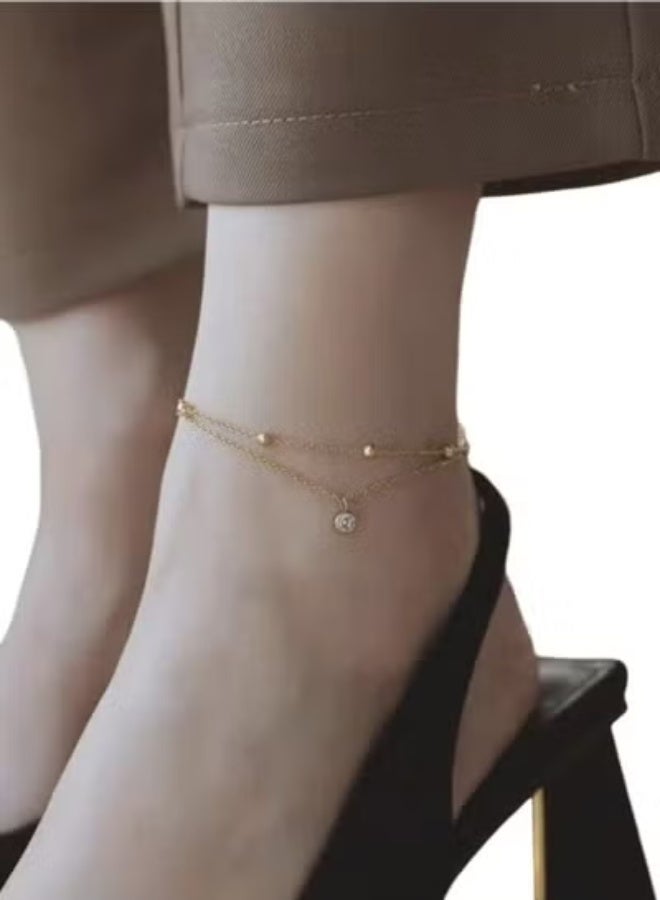 يوكا  18 قيراطا مطلي بالذهب الفولاذ المقاوم للصدأ مزدوج منجل الكاحل سوار روز زركونيا مجوهرات فاخرة أنيقة للارتداء اليومي والشاطئ والعطلات - Image 1