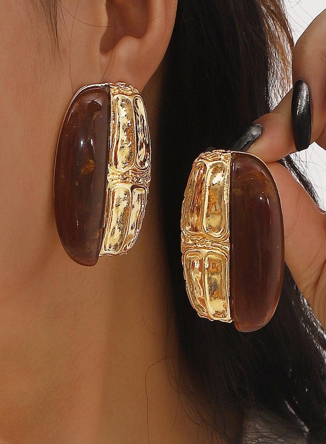 Dtja Geometric Amber Dangle Earrings for Women Retro Chunky Large Oval Rectangle Statement Charms Drop Earring Funky Holiday Birthday Party Jewelry (Gold-Tone) - Image 2