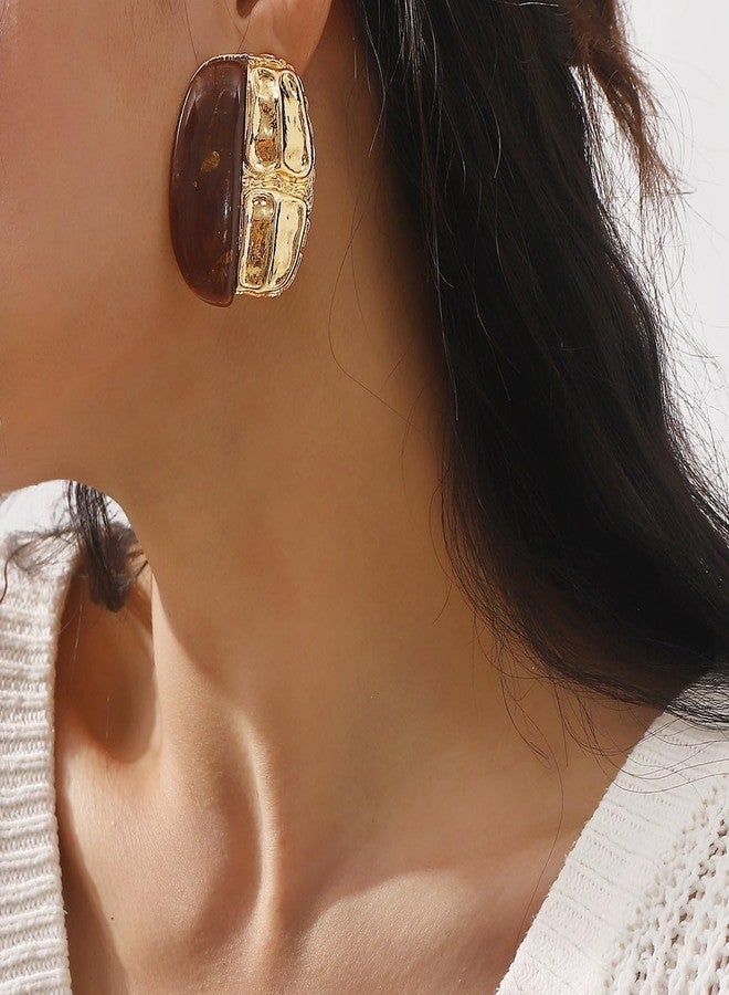 Dtja Geometric Amber Dangle Earrings for Women Retro Chunky Large Oval Rectangle Statement Charms Drop Earring Funky Holiday Birthday Party Jewelry (Gold-Tone) - Image 3