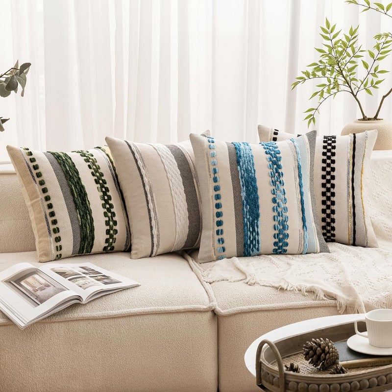ANRODUO Pack of 2 Boho Decorative Throw Pillow Covers 18x18 Farmhouse Cushion Case Striped Chenille Pillow Cases Square Pillow Covers Accent Neutral Pillowcase for Sofa Couch Bed, White Stripe - Image 2