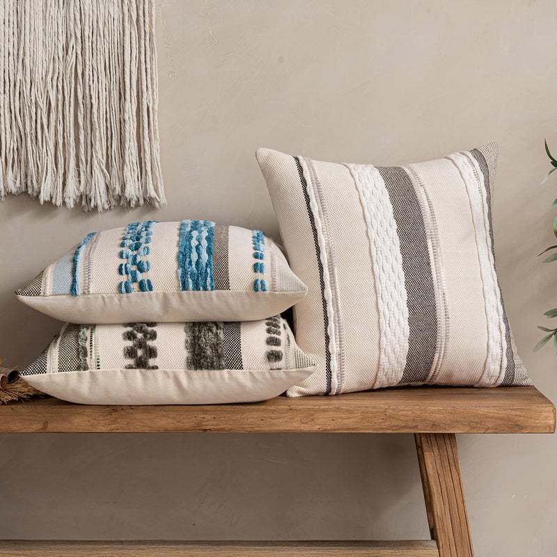 ANRODUO Pack of 2 Boho Decorative Throw Pillow Covers 18x18 Farmhouse Cushion Case Striped Chenille Pillow Cases Square Pillow Covers Accent Neutral Pillowcase for Sofa Couch Bed, White Stripe - Image 3