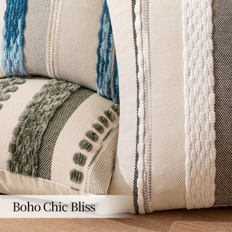 ANRODUO Pack of 2 Boho Decorative Throw Pillow Covers 18x18 Farmhouse Cushion Case Striped Chenille Pillow Cases Square Pillow Covers Accent Neutral Pillowcase for Sofa Couch Bed, White Stripe - Image 5