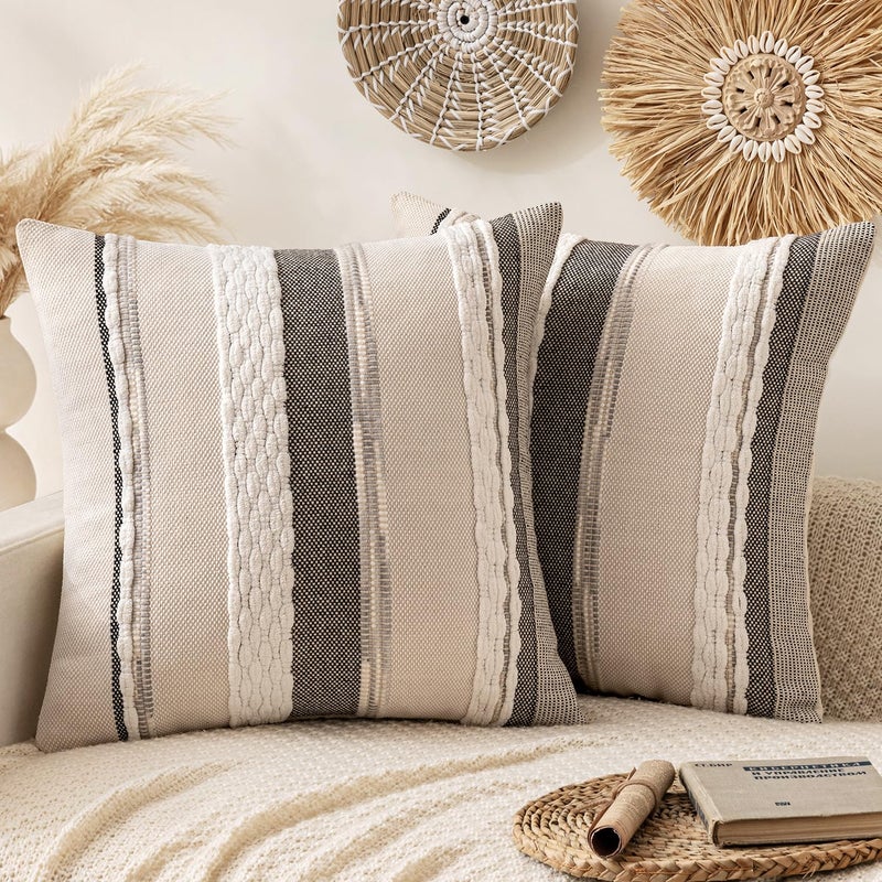ANRODUO Pack of 2 Boho Decorative Throw Pillow Covers 18x18 Farmhouse Cushion Case Striped Chenille Pillow Cases Square Pillow Covers Accent Neutral Pillowcase for Sofa Couch Bed, White Stripe - Image 1