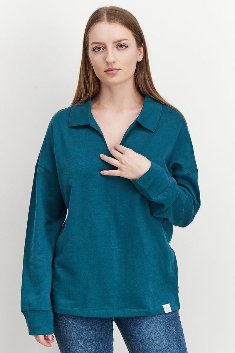 Tchibo Women Spread Collar Plain Loungewear Sweatshirt, Dark Green - Image 1