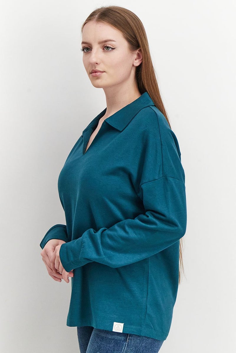 Tchibo Women Spread Collar Plain Loungewear Sweatshirt, Dark Green - Image 3