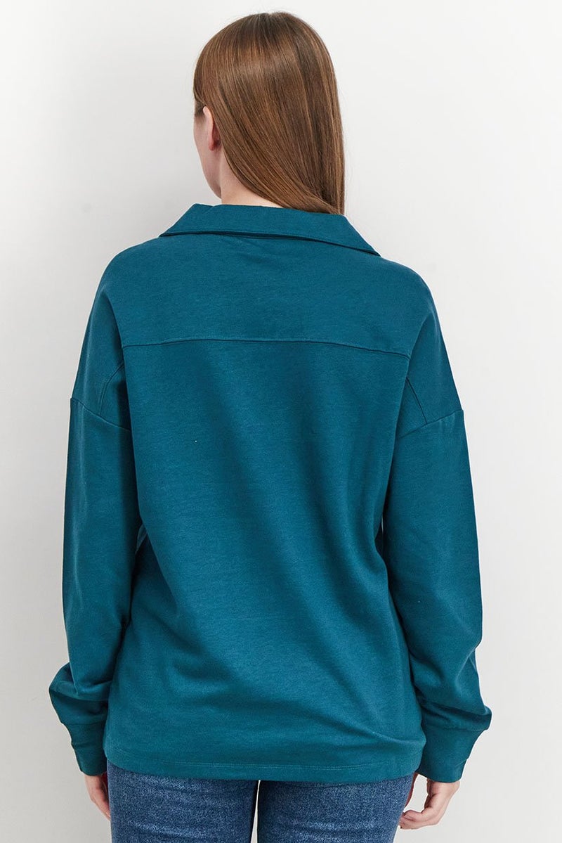 Tchibo Women Spread Collar Plain Loungewear Sweatshirt, Dark Green - Image 4