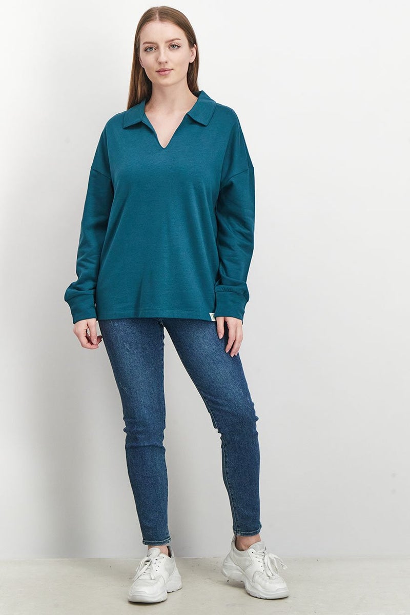 Tchibo Women Spread Collar Plain Loungewear Sweatshirt, Dark Green - Image 2