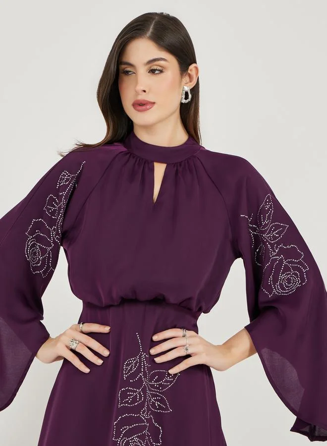 Styli Embellished A-Line Maxi Dress with 3/4 Sleeves
