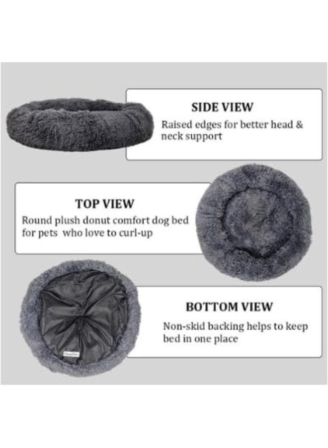 سرير كبير منفوش على شكل دونات للكلاب والقطط - رمادي | سرير ناعم من الفرو الصناعي مضاد للقلق للحيوانات الأليفة مع دعامة تقويمية - Image 2