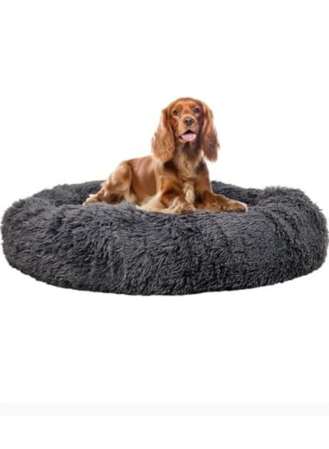 سرير كبير منفوش على شكل دونات للكلاب والقطط - رمادي | سرير ناعم من الفرو الصناعي مضاد للقلق للحيوانات الأليفة مع دعامة تقويمية - Image 1